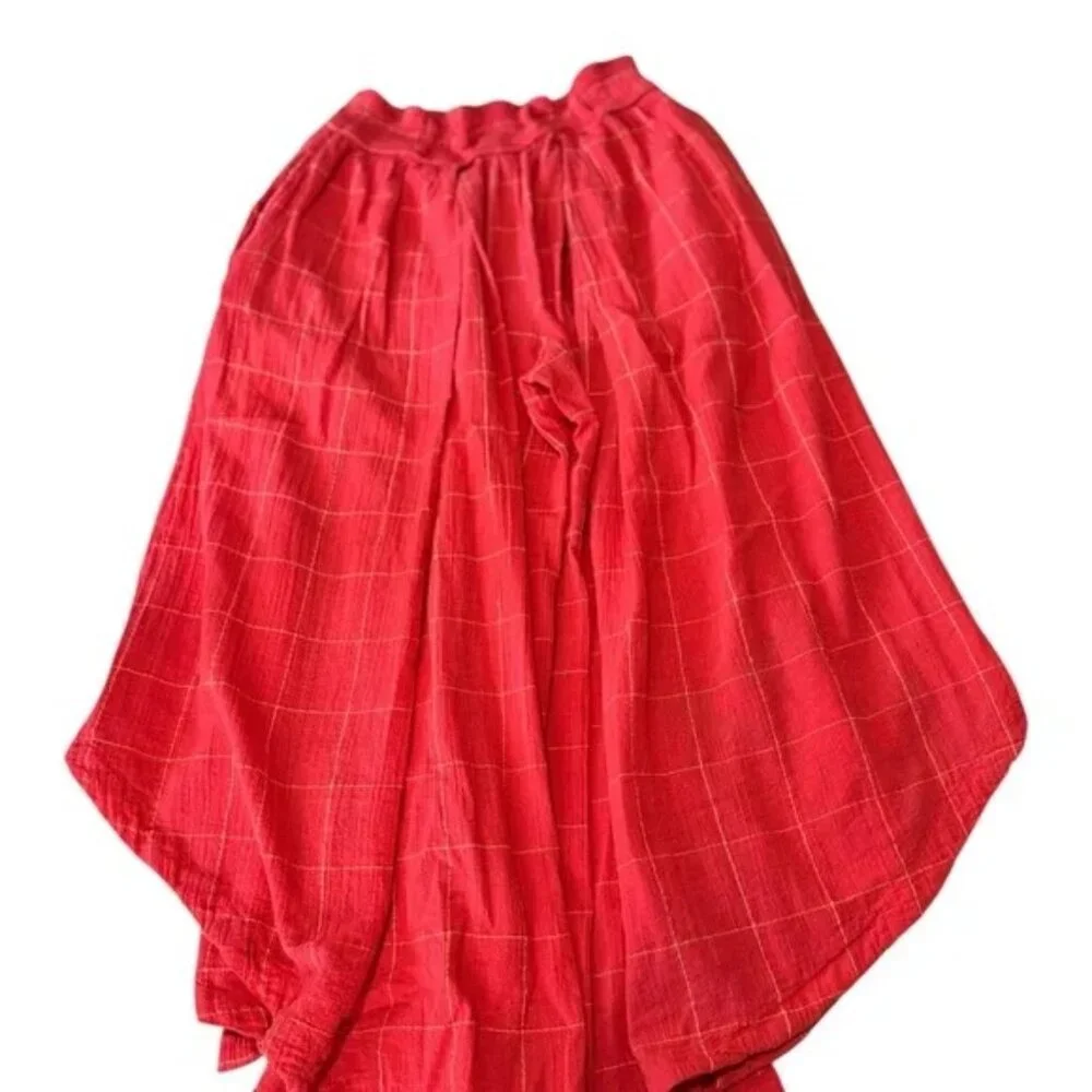 Free People Lunar Cove Wide-Leg Pants Red Combo Sz Medium Boho Plaid Size Small - Picture 6 of 7